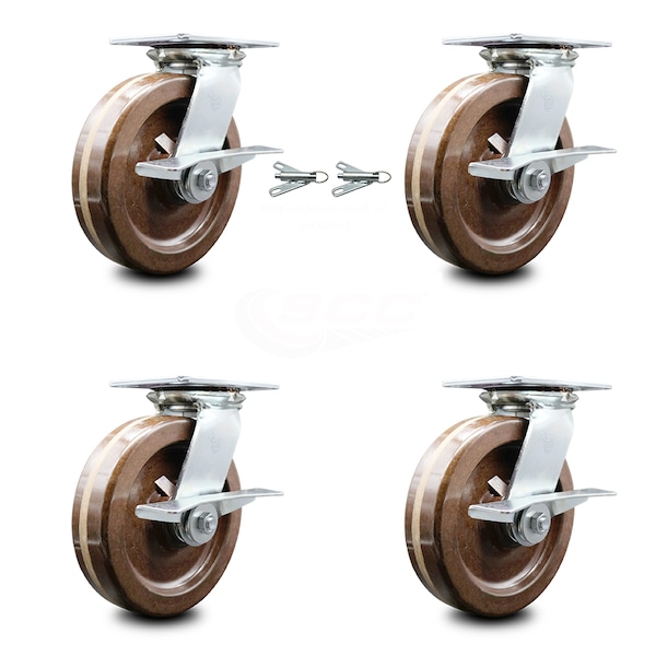 Service Caster 8 Inch High Temp Phenolic Caster Set with Roller Bearing 4 Brake 2 Swivel Lock SCC-35S820-PHRHT-SLB-BSL-2-SLB-2 - main